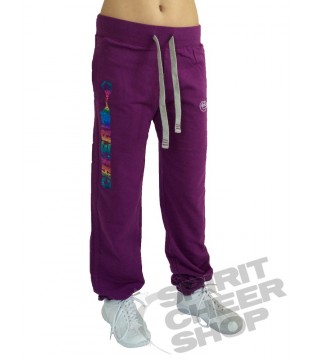 Dívčí tepláky s barevným potiskem CHEER na nohavici, fialové
